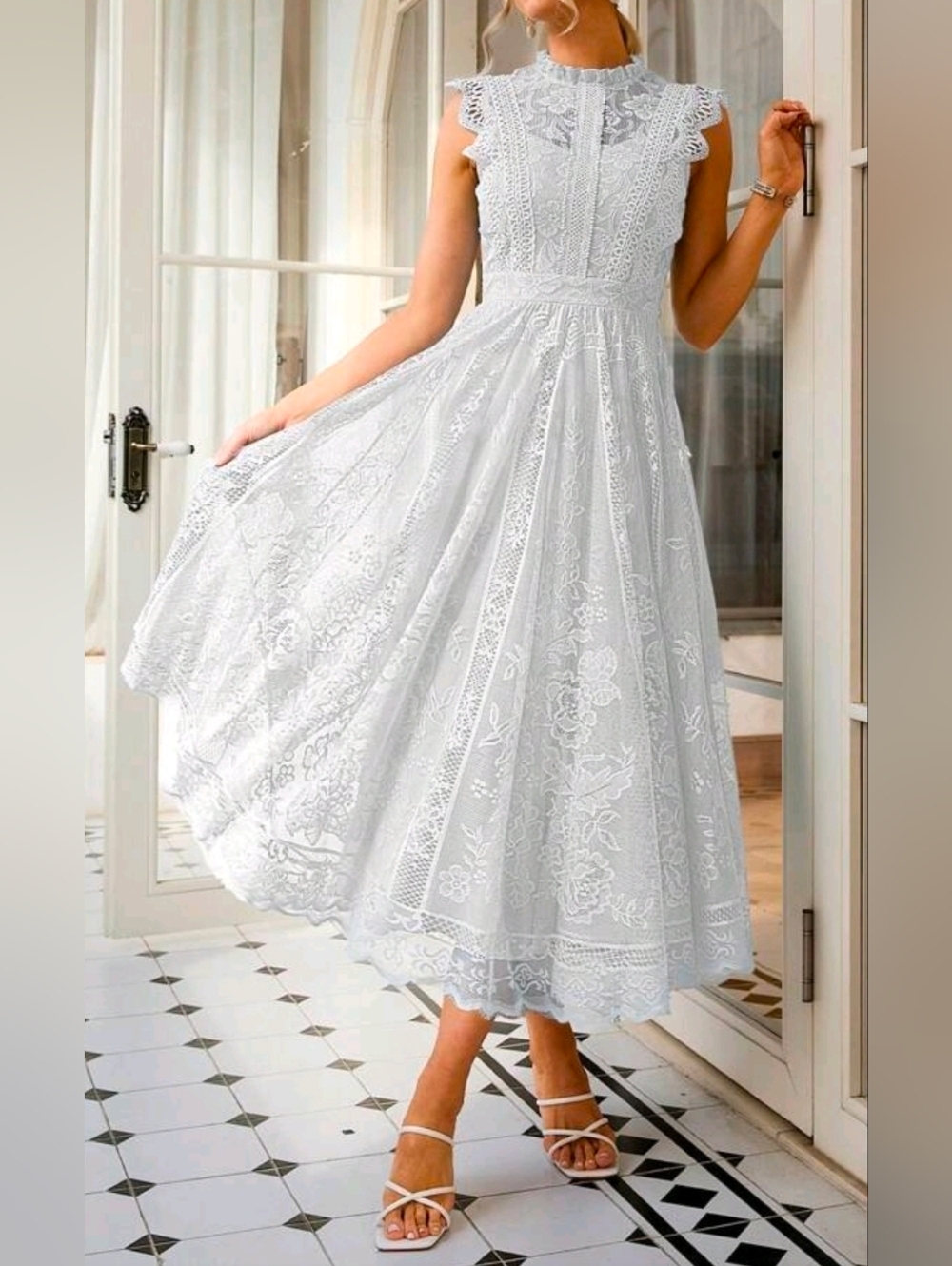 New Flowy Embroidered Lace Midi Dress Sleeveless Full White